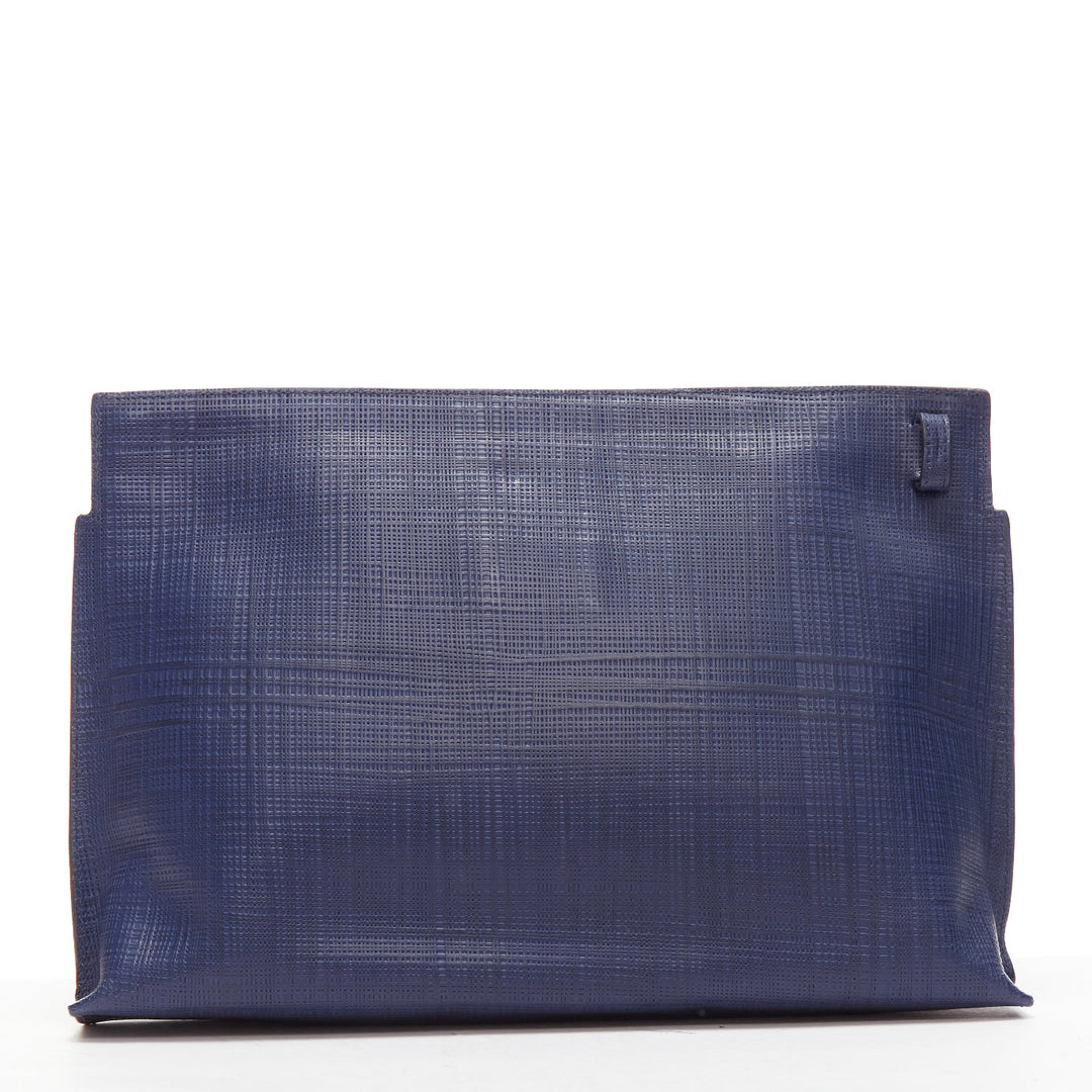 LOEWE T Pouch navy textured checkered leather silver zip wrist clutch bag