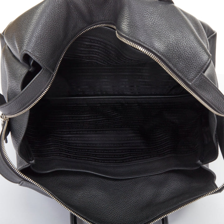 PRADA Vitello Daino metal logo black pebbled calfskin travel weekender tote bag