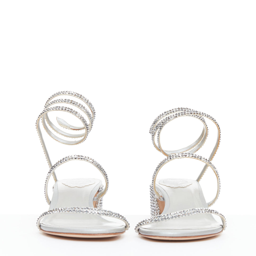 RENE CAOVILLA Cleo 45 silver strass crystal wrap around block heels EU37.5