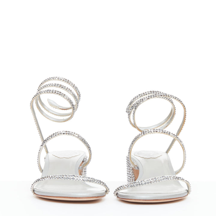 RENE CAOVILLA Cleo 45 silver strass crystal wrap around block heels EU37.5