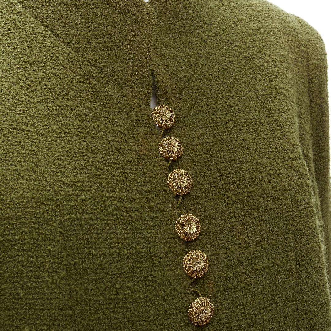 CHANEL COUTURE 96A green tweed gold filigree floral button long coat US6 M