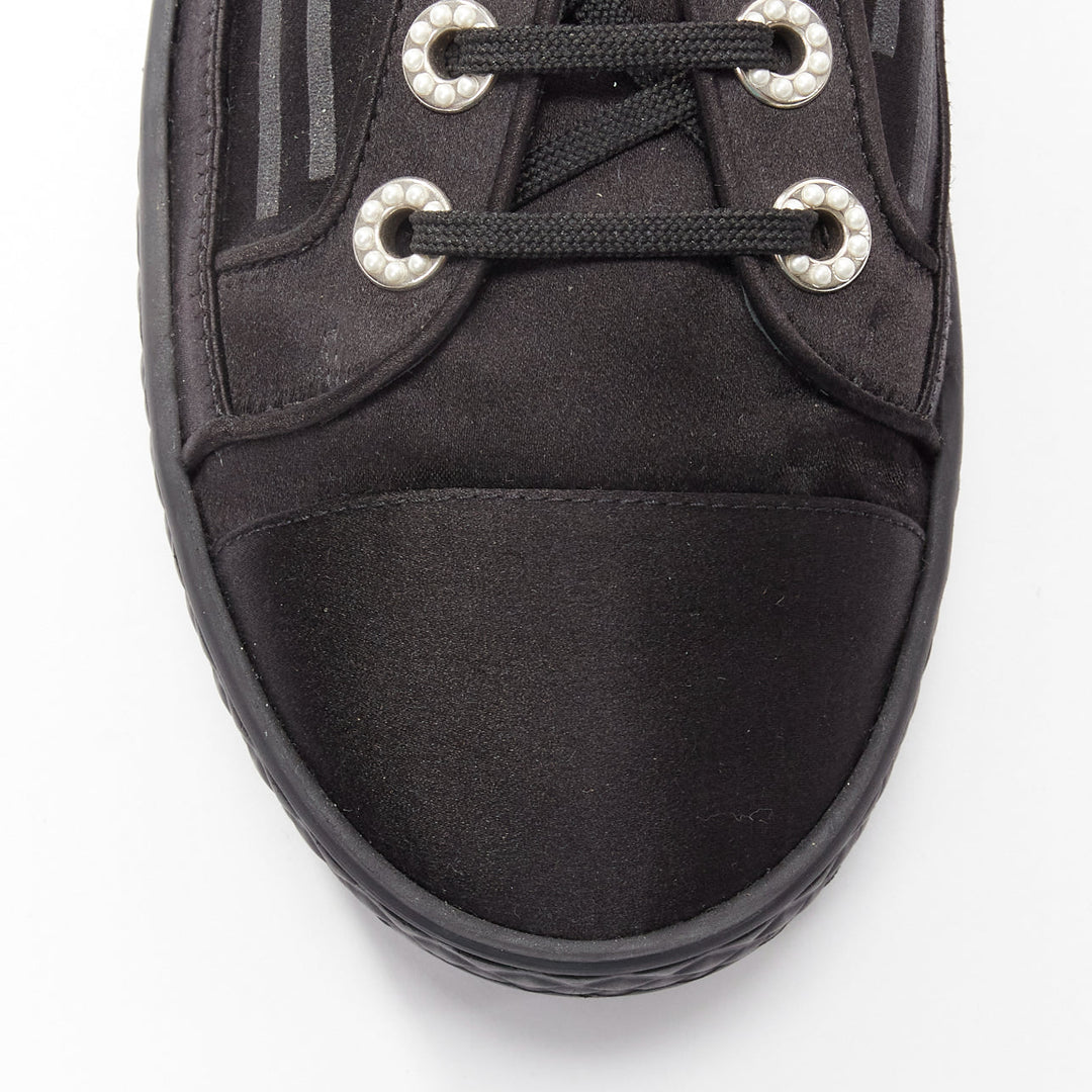 CHANEL black satin CC logo silver pearl grommet laced low top sneaker EU38