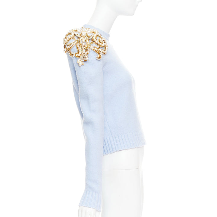BALMAIN powder blue wool cashmere gold pearl embellished sweater FR36 S