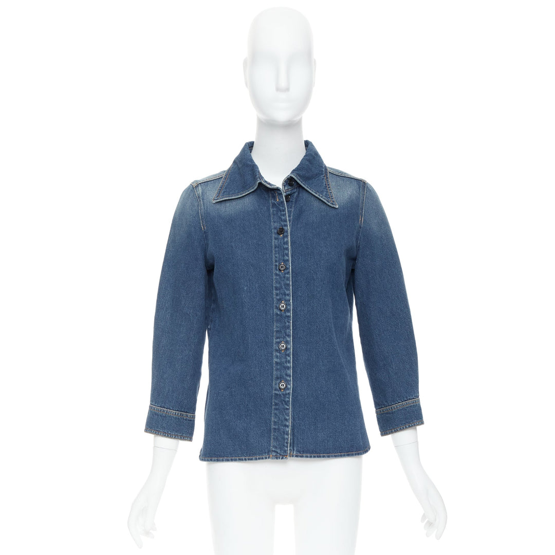 CHLOE blue washed denim cotton cropped sleeve over shirt FR38 M