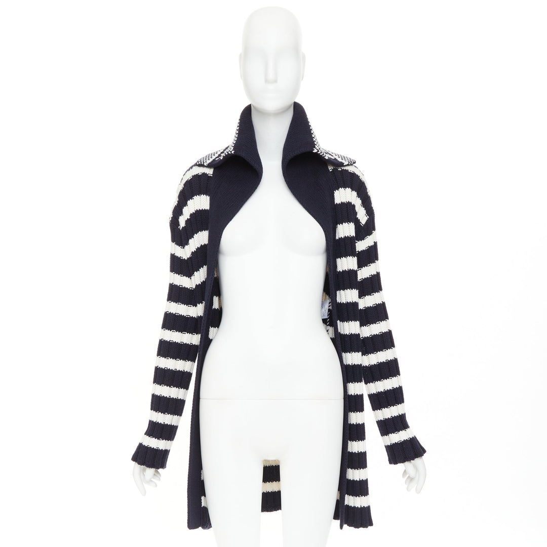 DIOR navy white cotton cashmere logo intarsia back neck striped cardigan FR34 XS