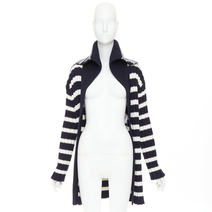 DIOR navy white cotton cashmere logo intarsia back neck striped cardigan FR34 XS