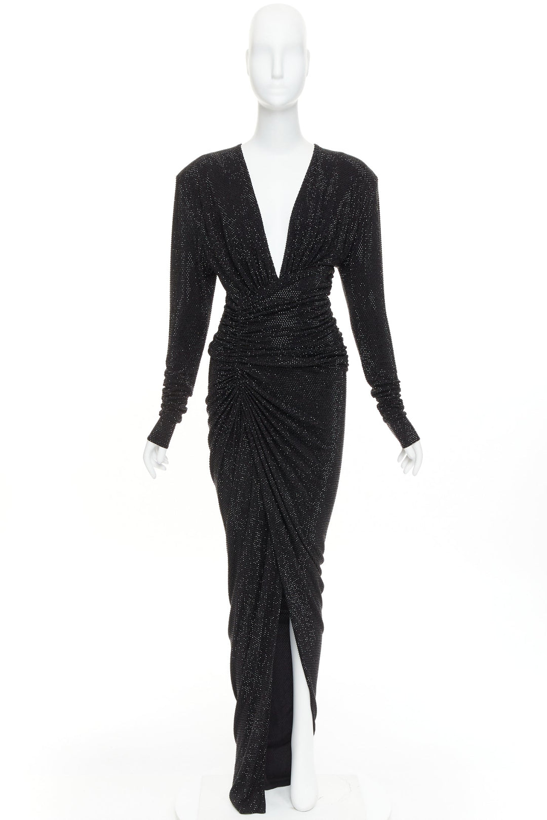 ALEXANDRE VAUTHIER black strass crystal Power shoulder padded wrap draped gown