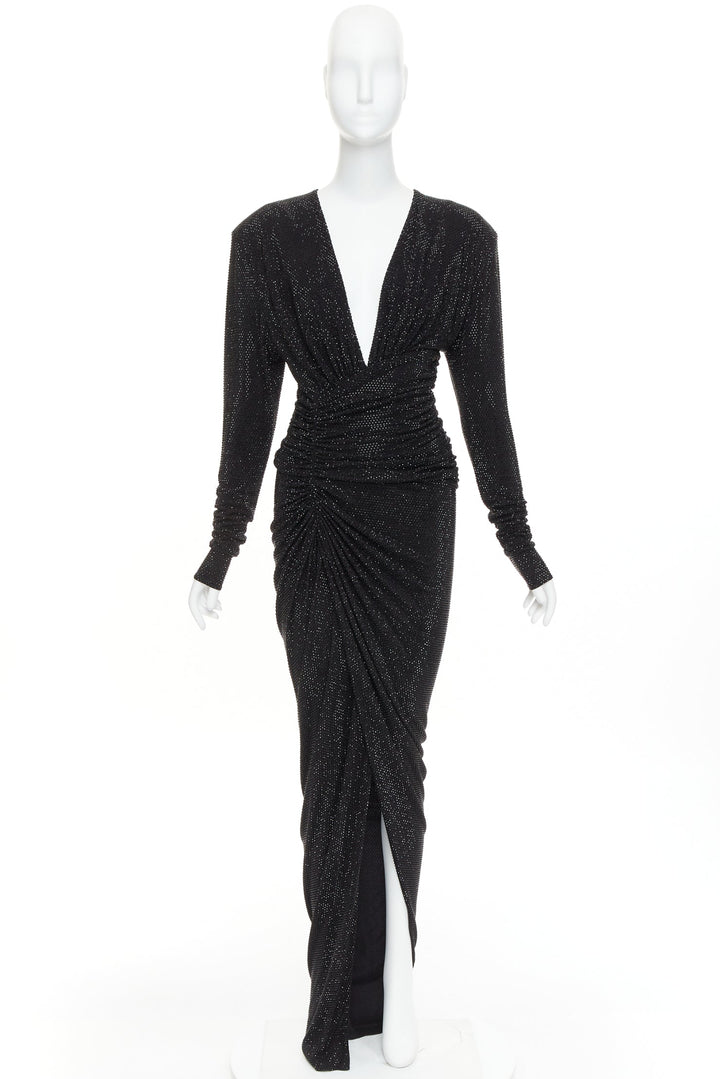 ALEXANDRE VAUTHIER black strass crystal Power shoulder padded wrap draped gown