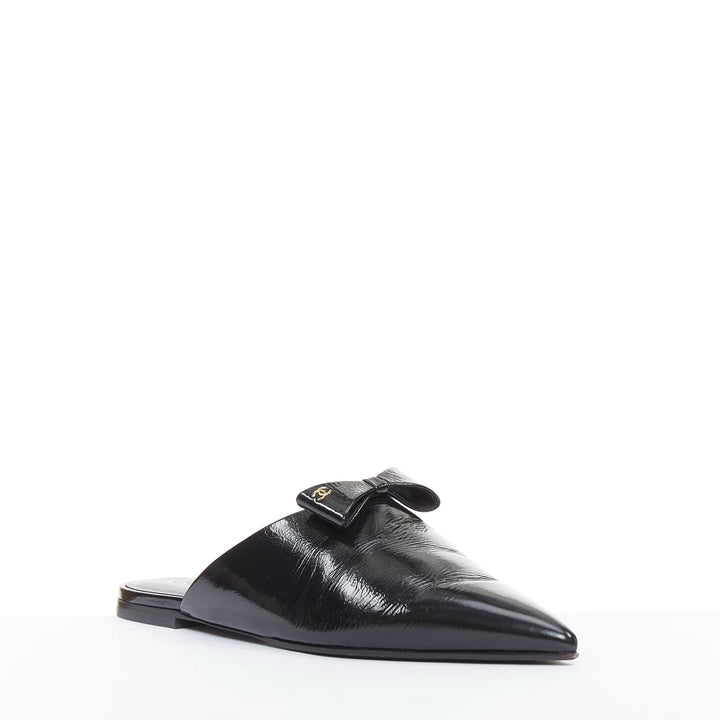 CHANEL 25P black patent leather silver CC logo bow pointy mule slippers EU37.5
