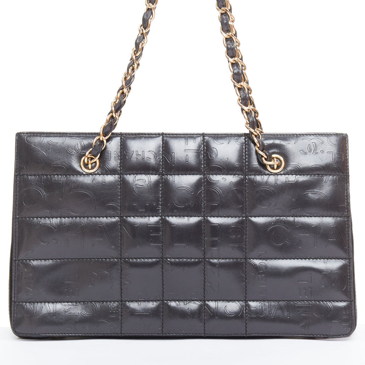 CHANEL Vintage 2002 Chocolate Bar black leather logo embossed chain tote bag