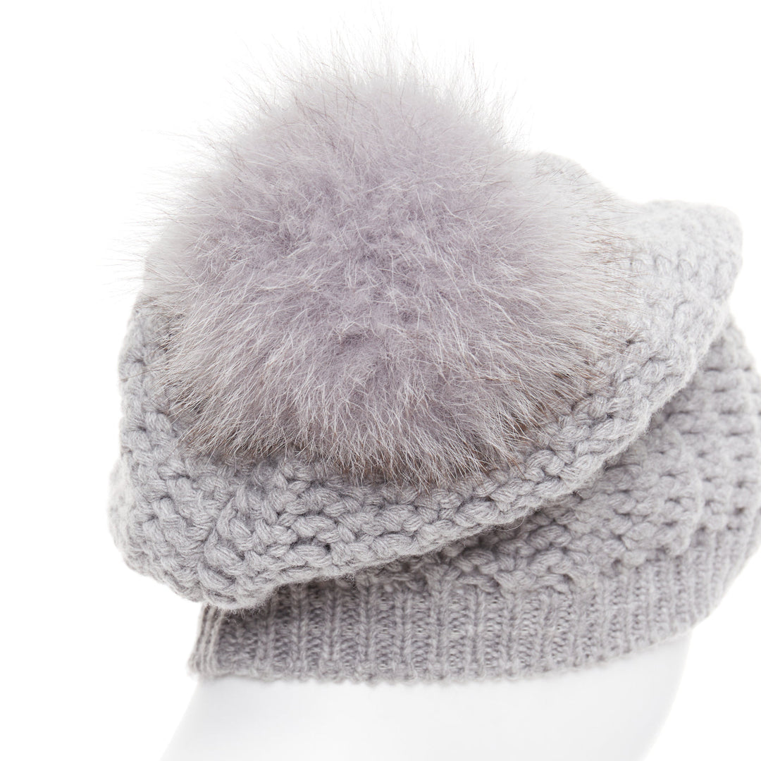 MONCLER grey fur pom pom cream logo heavy knit beanie hat