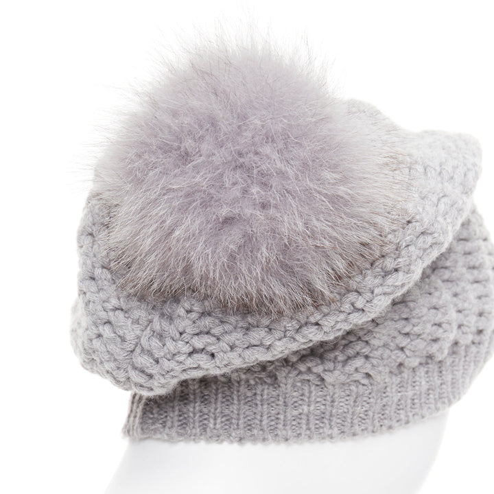 MONCLER grey fur pom pom cream logo heavy knit beanie hat