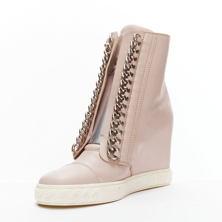 CASADEI pink leather silver chain trim ankle wedge sneakers EU39.5