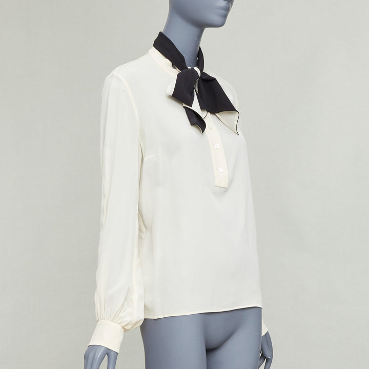 LANVIN cream 100% silk black contrast tie neck peasant blouse FR34 XS