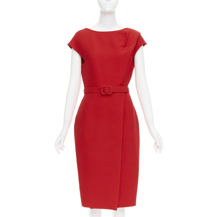 OSCAR DE LA RENTA R19 red wool silk cap sleeve belted sheath dress US8 L
