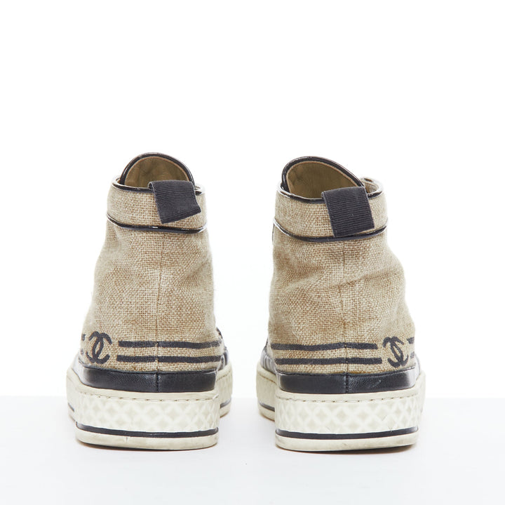 CHANEL beige canvas black CC logo pearl high top sneakers EU38