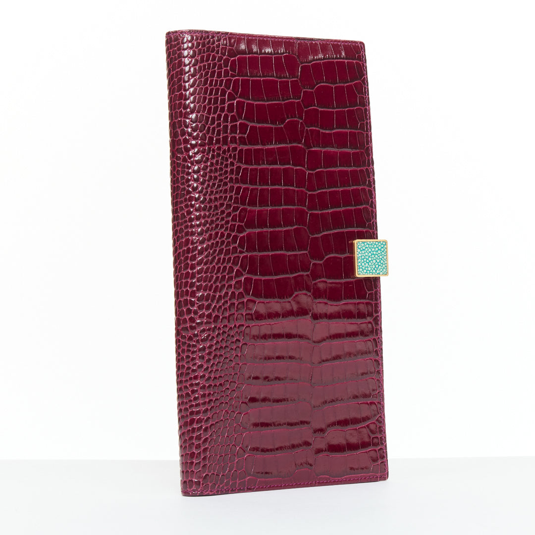 SMYTHSON Mara burgundy croc embossed high gloss teal clasp passport cover