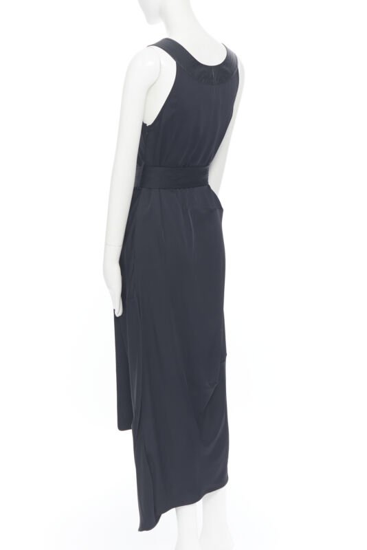 VICTORIA BECKHAM 2018 Runway black satin leather collar belted dress UK12 L