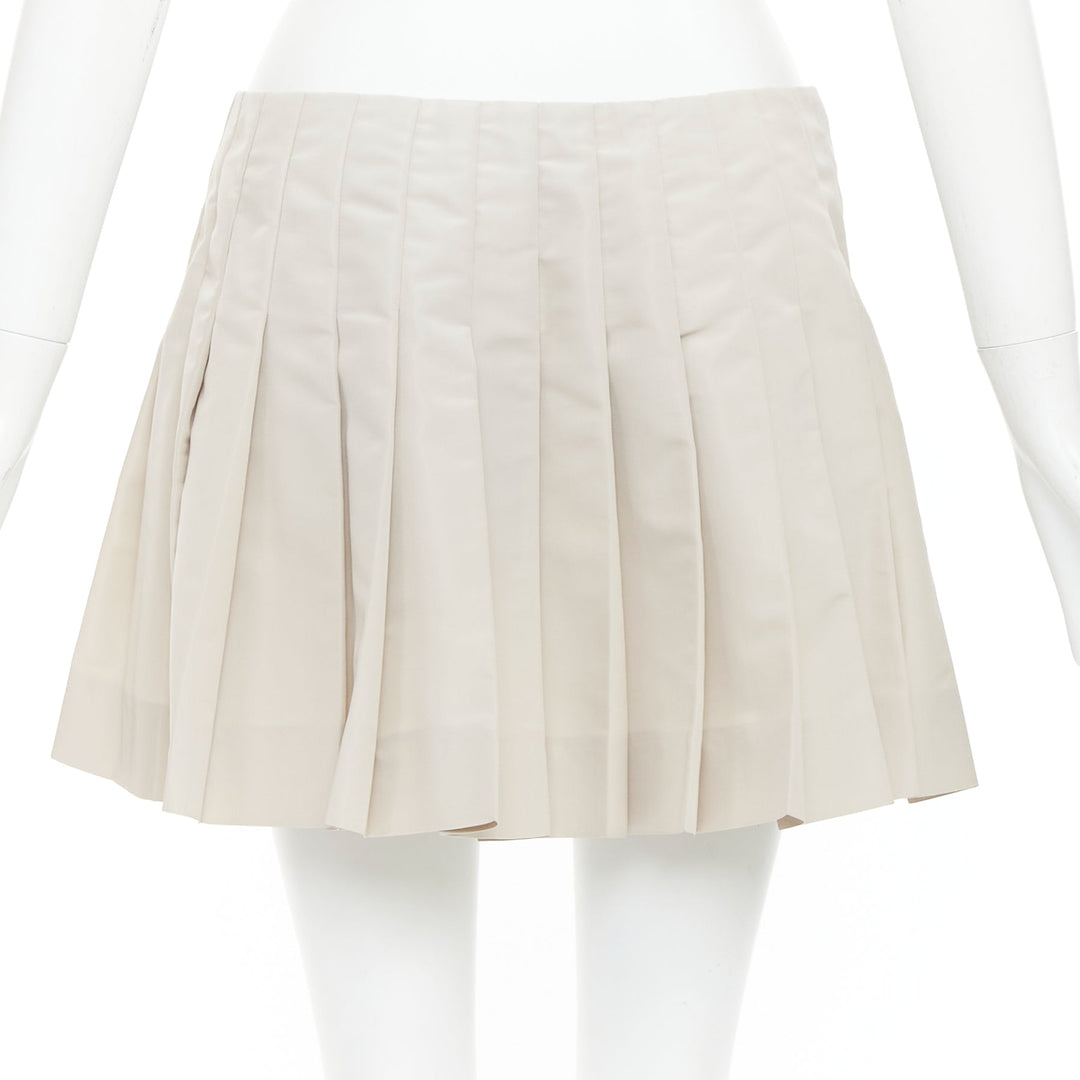 PRADA 2010 Vintage grey silk blend pleated leather buckles mini skirt IT42 M