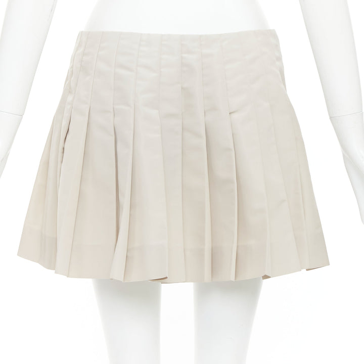 PRADA 2010 Vintage grey silk blend pleated leather buckles mini skirt IT42 M
