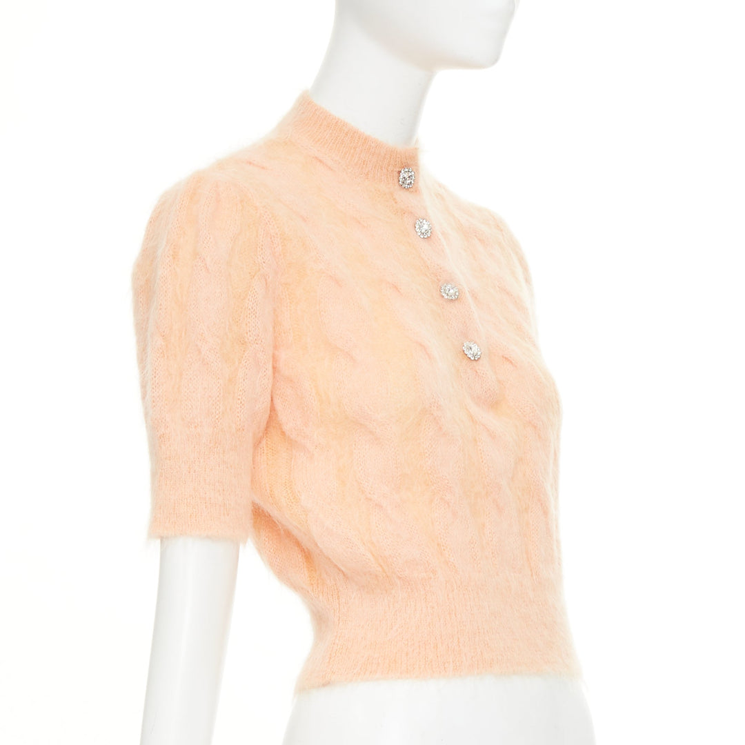 PACO RABANNE coral orange mohair crystal flower puff sleeved cropped pullover S