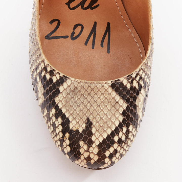 LANVIN 2011 beige scaled leather brown wood platform pumps EU36.5