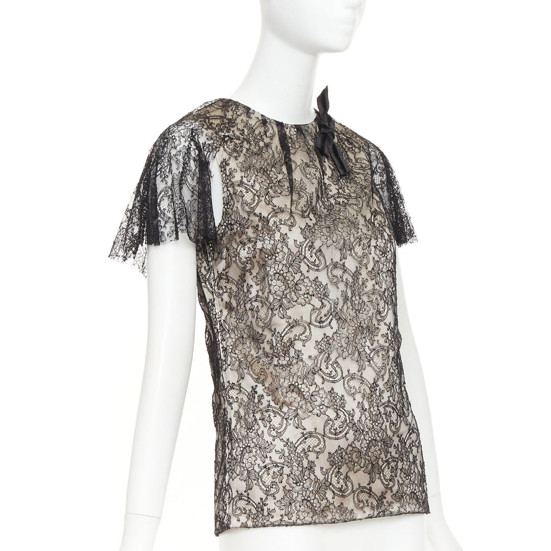 J MENDEL Chantilly Lace Blouse nude silk lined bow embellished top US2 S