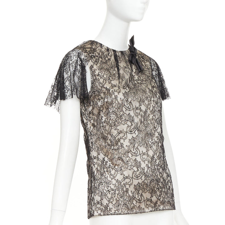 J MENDEL Chantilly Lace Blouse nude silk lined bow embellished top US2 S