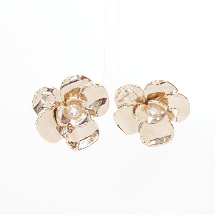 CHANEL 2024 L24B clear crystal gold tone camellia CC logo clip earring Pair