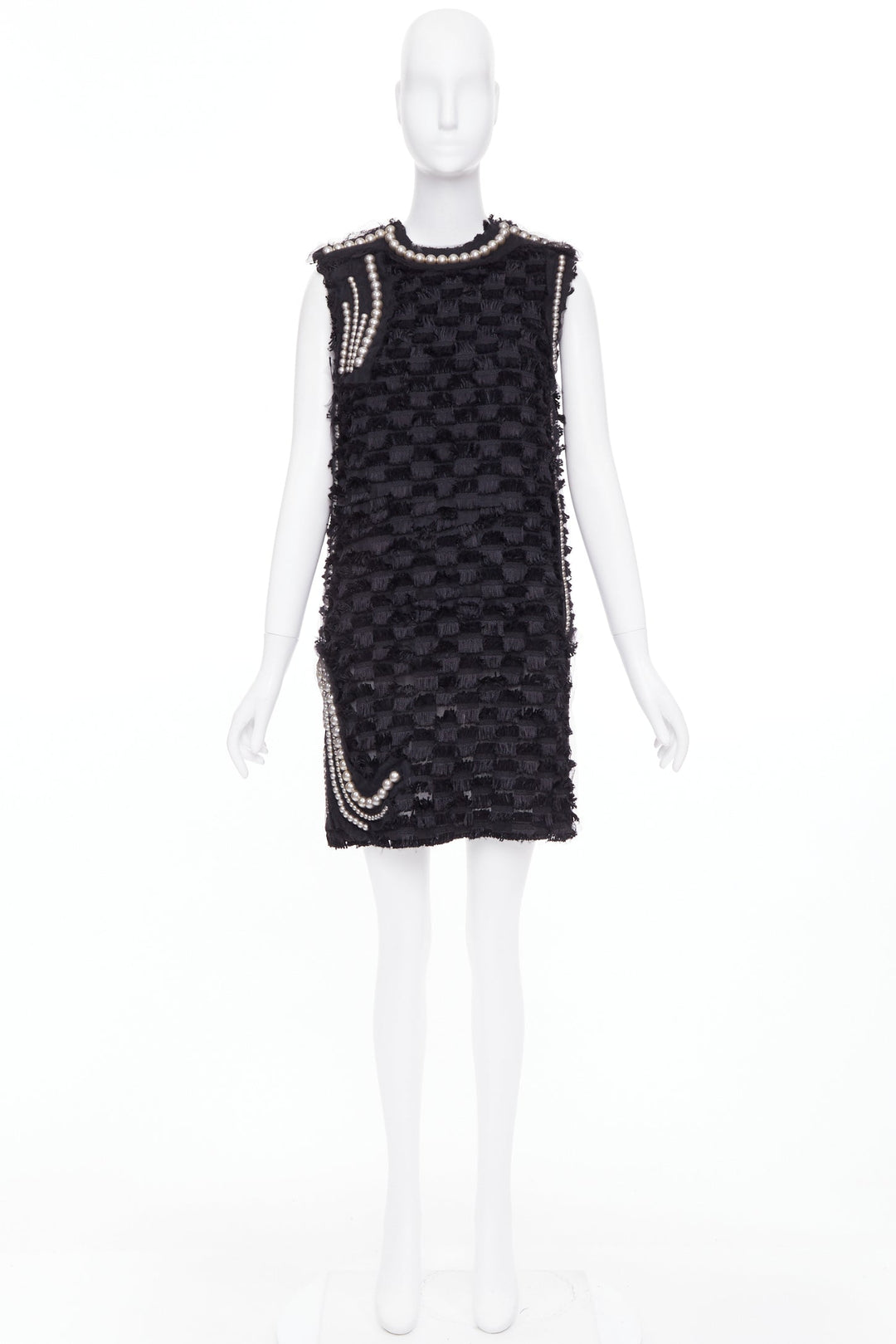 LANVIN 2015 black pearl mesh embellished eyelash fringe silk lined dress FR36 S