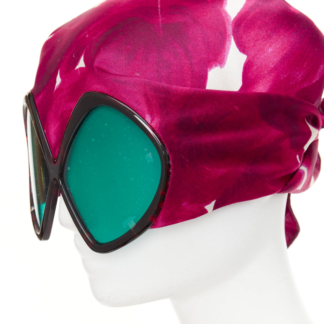 rare PRADA 2025 Runway bug eye green lens floral silk headscarf sunglasses
