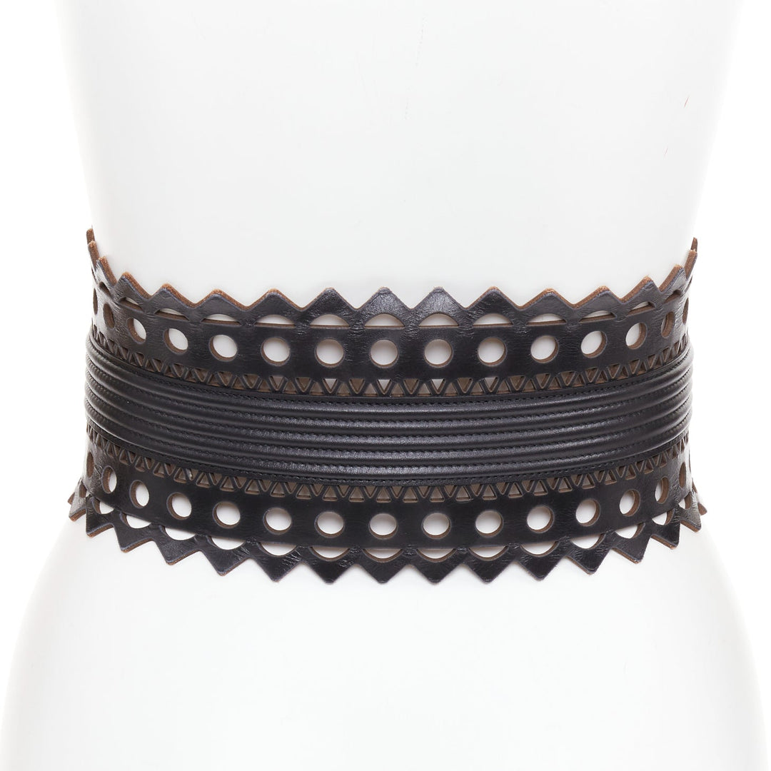 ALAIA Vienne black leather laser cut cinched corset wide belt 65cm
