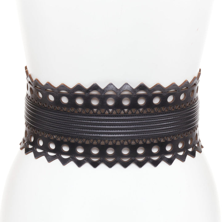 ALAIA Vienne black leather laser cut cinched corset wide belt 65cm