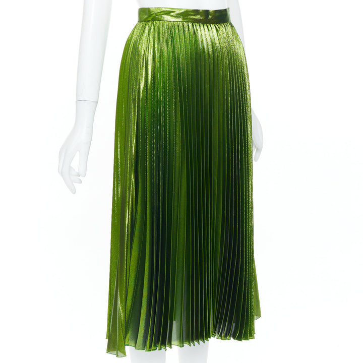 GUCCI 2016 Runway green metallic lame plisse silk blend pleated skirt IT36 XXS