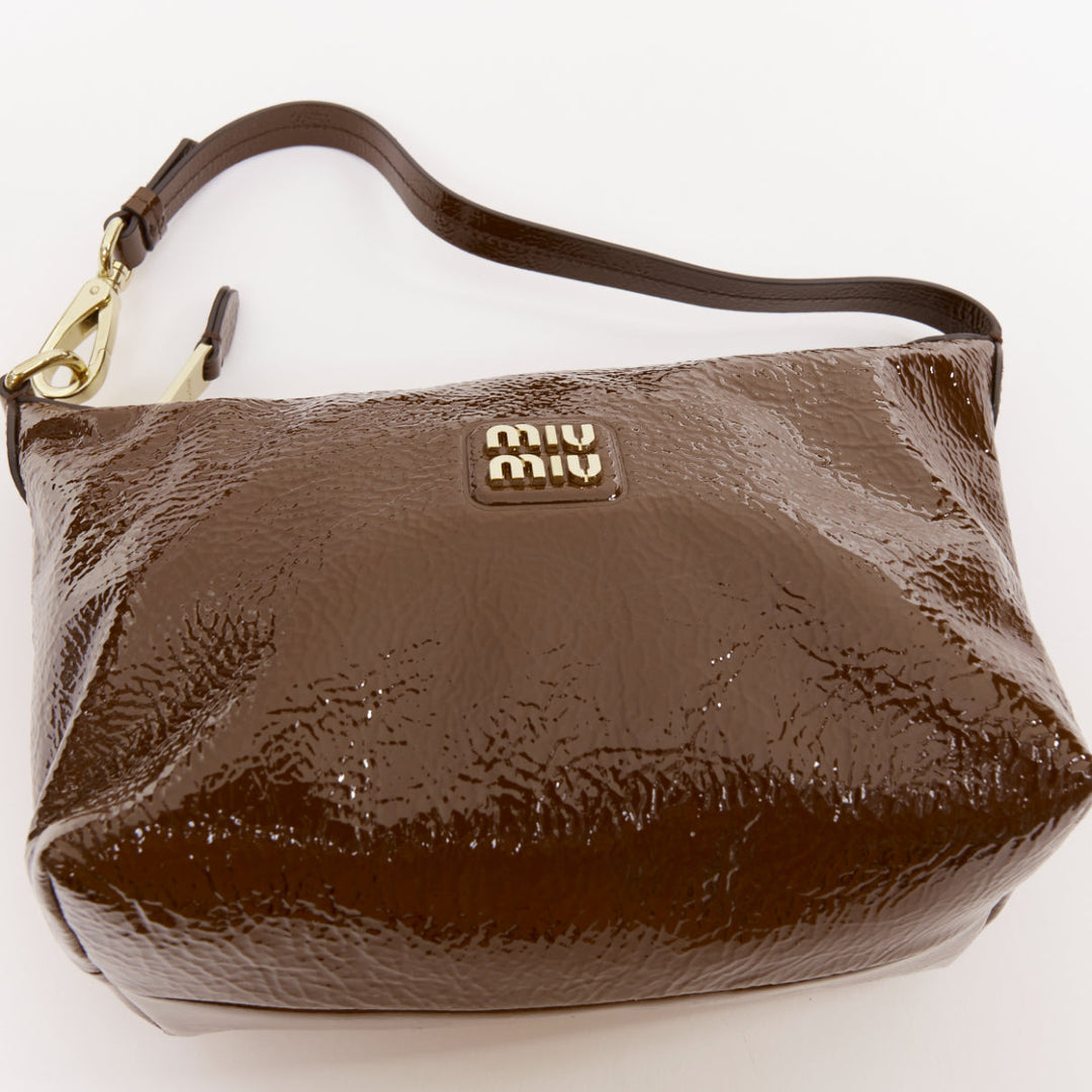 MIU MIU 2024 brown Naplak patent leather gold logo mini pouch bag