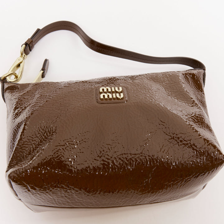 MIU MIU 2024 brown Naplak patent leather gold logo mini pouch bag