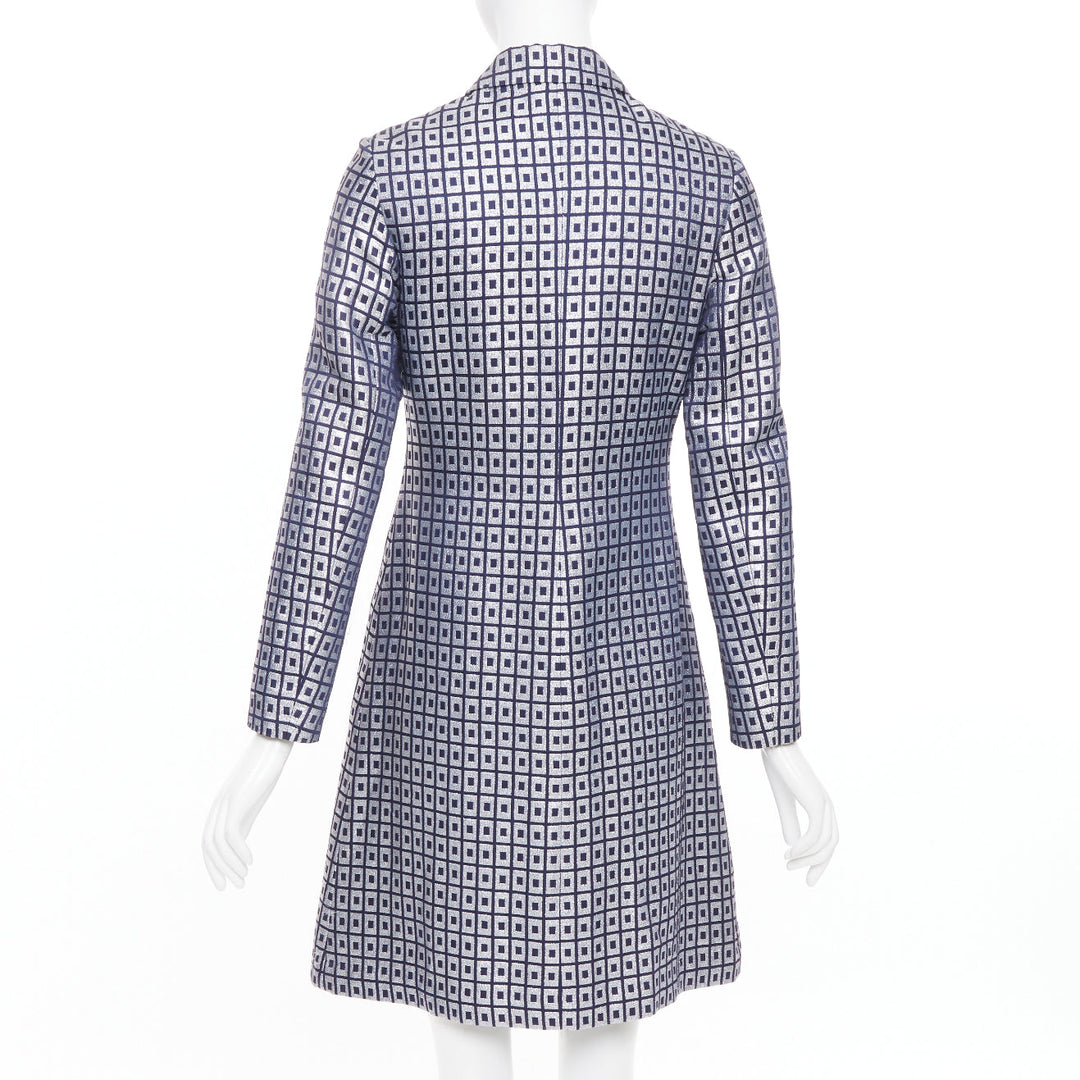 TORY BURCH navy silver metallic cotton blend brocade collared long coat US4 S