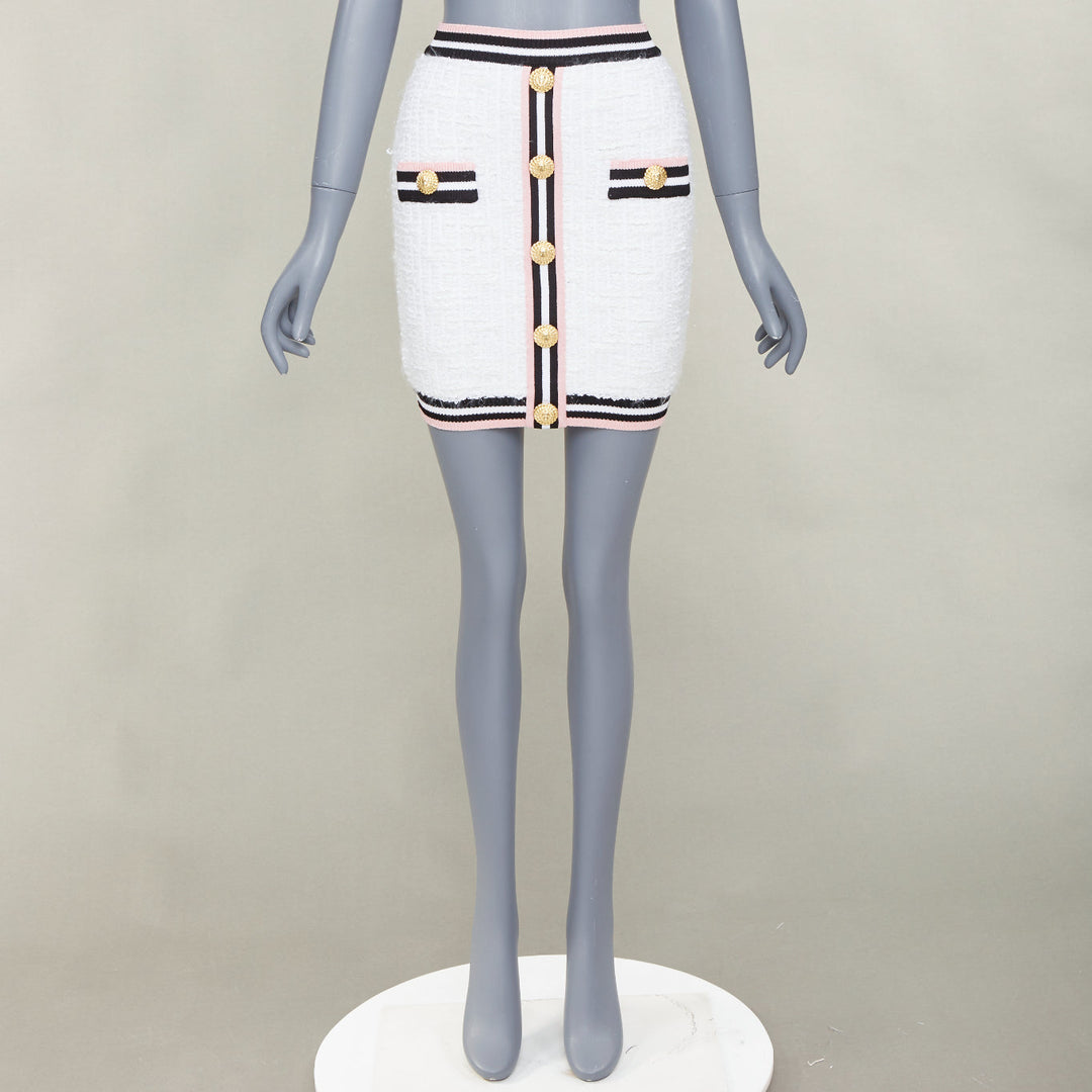 BALMAIN white knit tweed striped border lion head button mini skirt FR34 XXS
