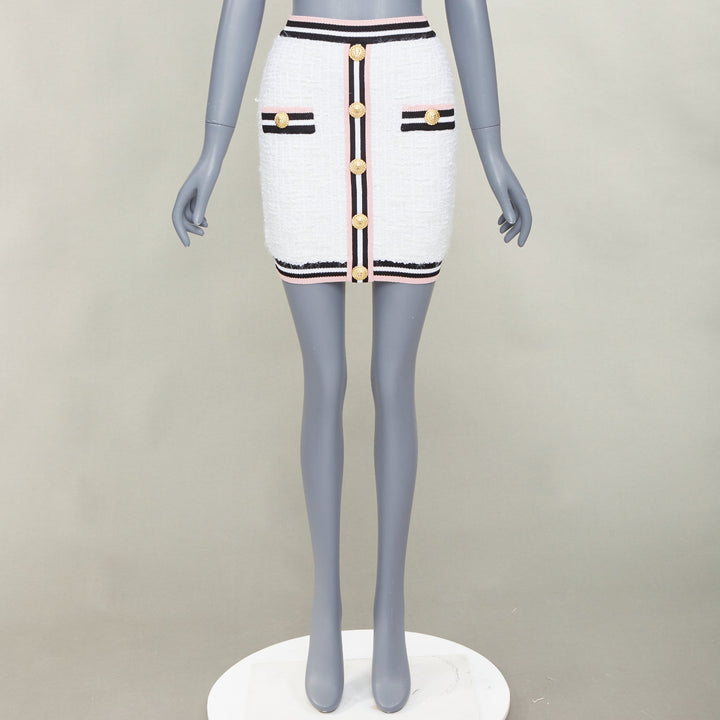 BALMAIN white knit tweed striped border lion head button mini skirt FR34 XXS