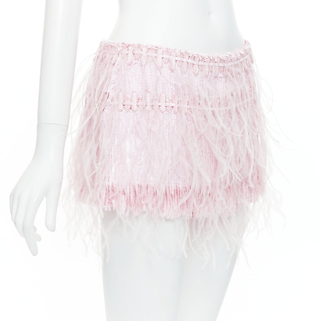 VALENTINO 2023 baby pink silk sequin ostrich feather mini skirt IT40 S