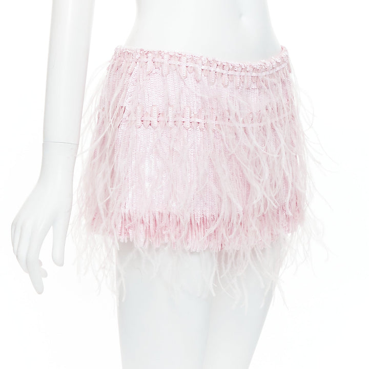 VALENTINO 2023 baby pink silk sequin ostrich feather mini skirt IT40 S