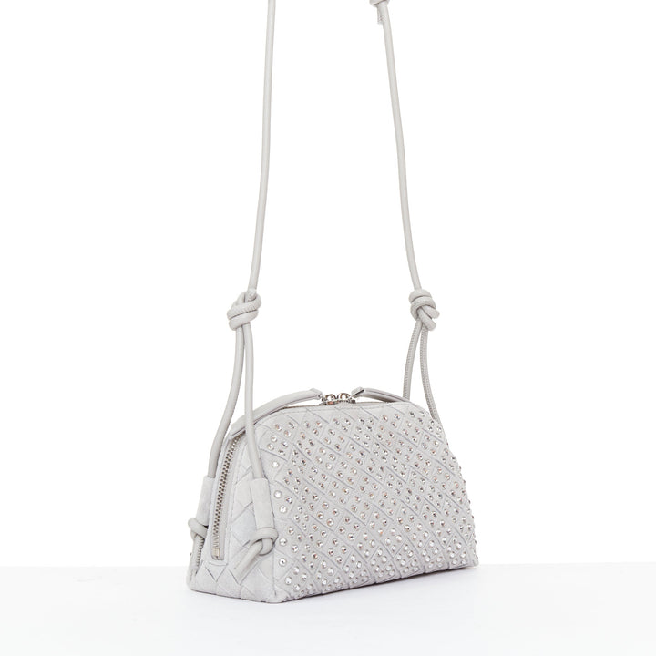 BOTTEGA VENETA 2024 Concert Pouch grey suede strass intrecciato woven bag