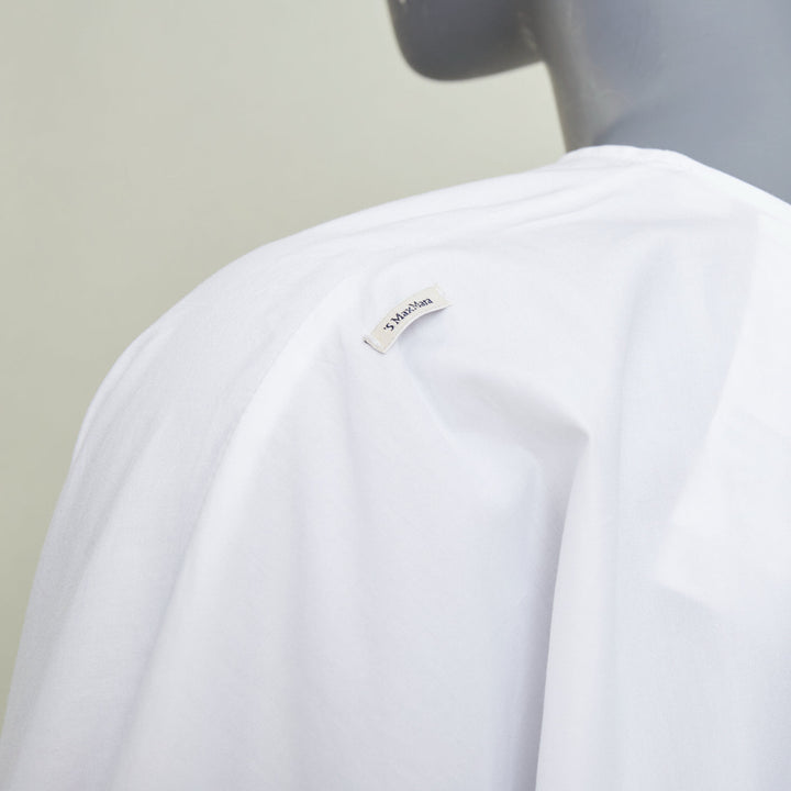 S MAX MARA 2024 Maya Asymmetric gather neck white cotton poplin blouse IT34 XXS