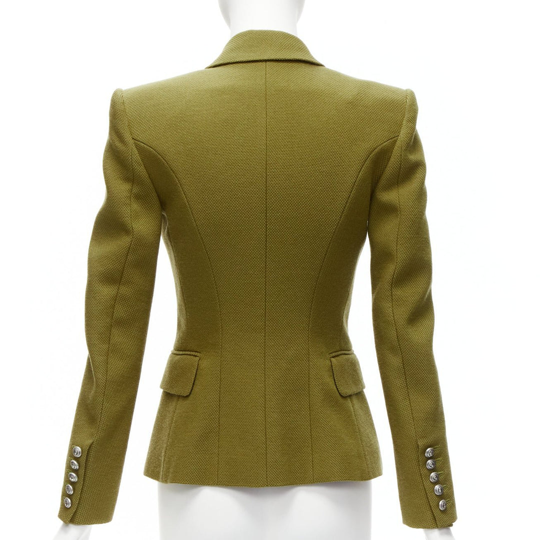 BALMAIN green silver lion button double breasted military blazer jacket FR36 S