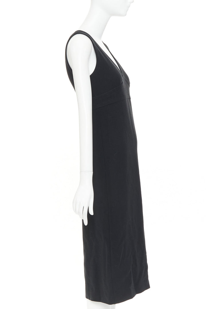 PRADA 1998 Vintage black wool rubber seamed V neck minimal sheath dress IT40 S
