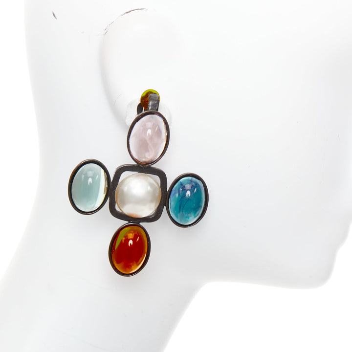 rare SAINT LAURENT Runway Resin Cabochon Cross aged bronze clip earrings Pair