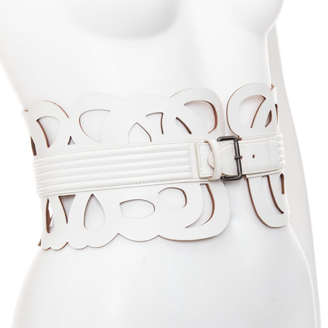 ALAIA  white leather romantic swirl laser cut out corset wide belt 65cm