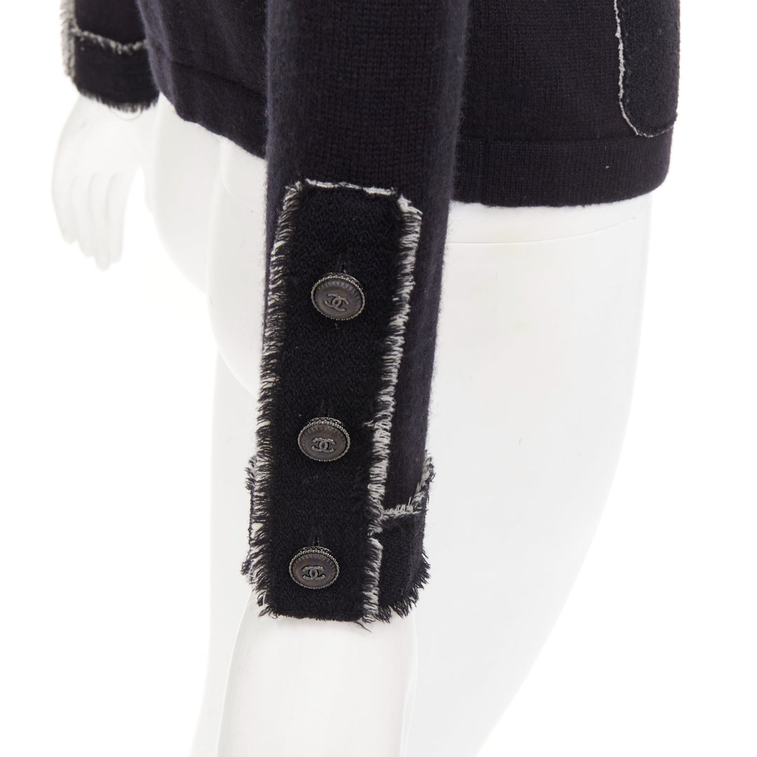 CHANEL 2011 cashmere black cashmere raw edge frayed 4 pocket cardigan FR36 S