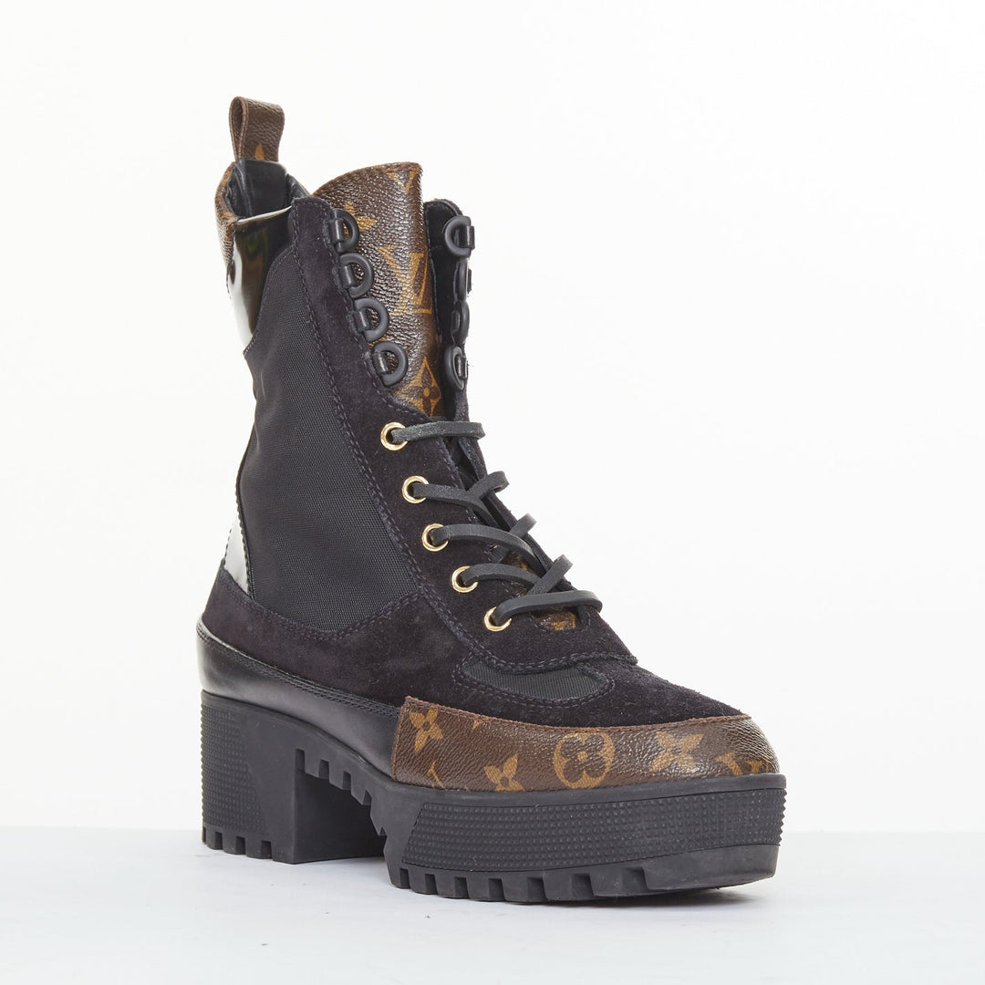 LOUIS VUITTON Laureate platform monogram black suede desert combat boot EU39 US9