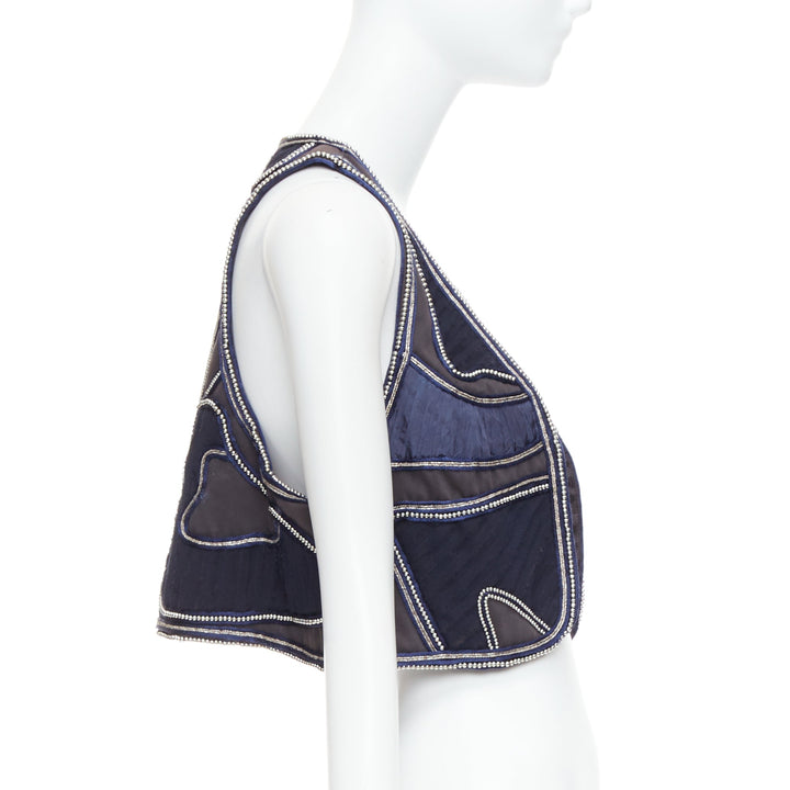 3.1 PHILLIP LIM blue silver dome studded silk lined patchwork vest US4 S